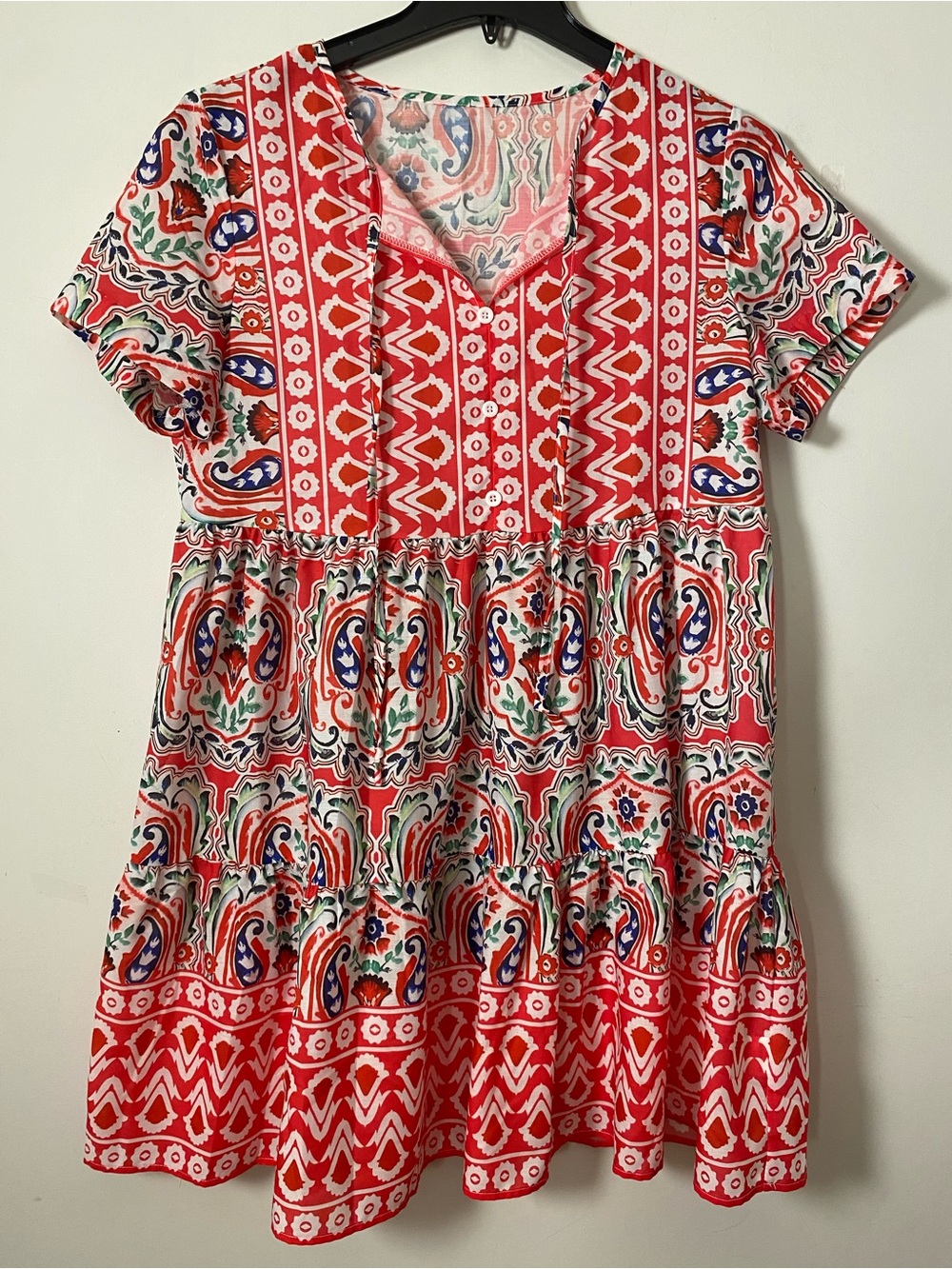 Red Boho Paisley Tiered Short Sleeve Dress